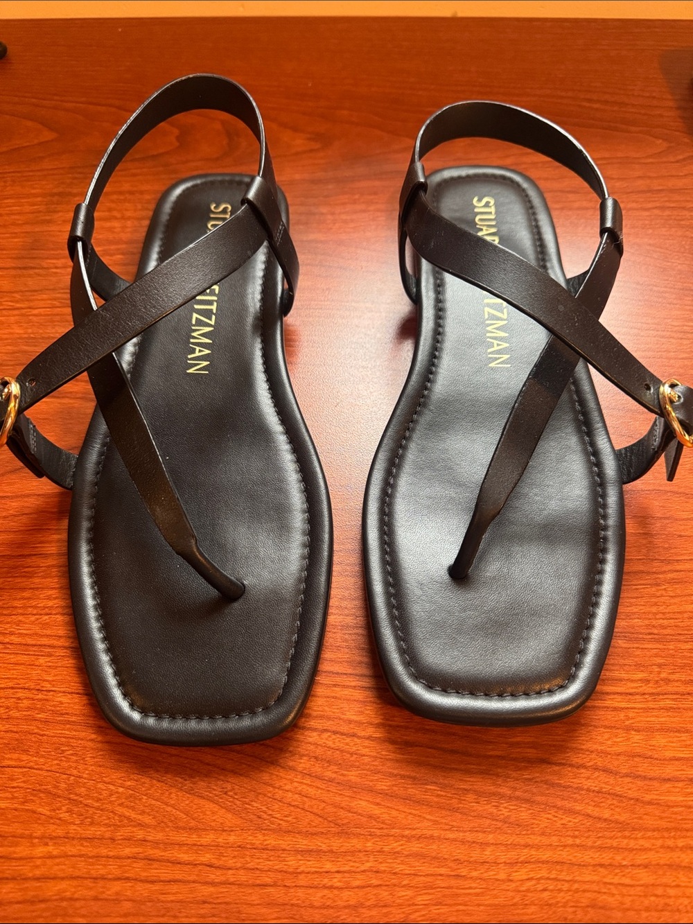 Stuart Weitzman Black Leather Crisscross Toe-Post Sandals